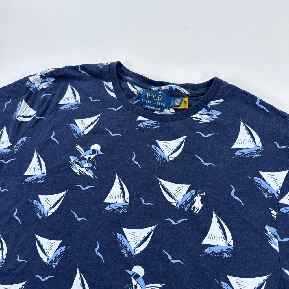 Polo Ralph Lauren Mens T Shirt L Navy Sailboat Print Custom Slim Fit Nautical